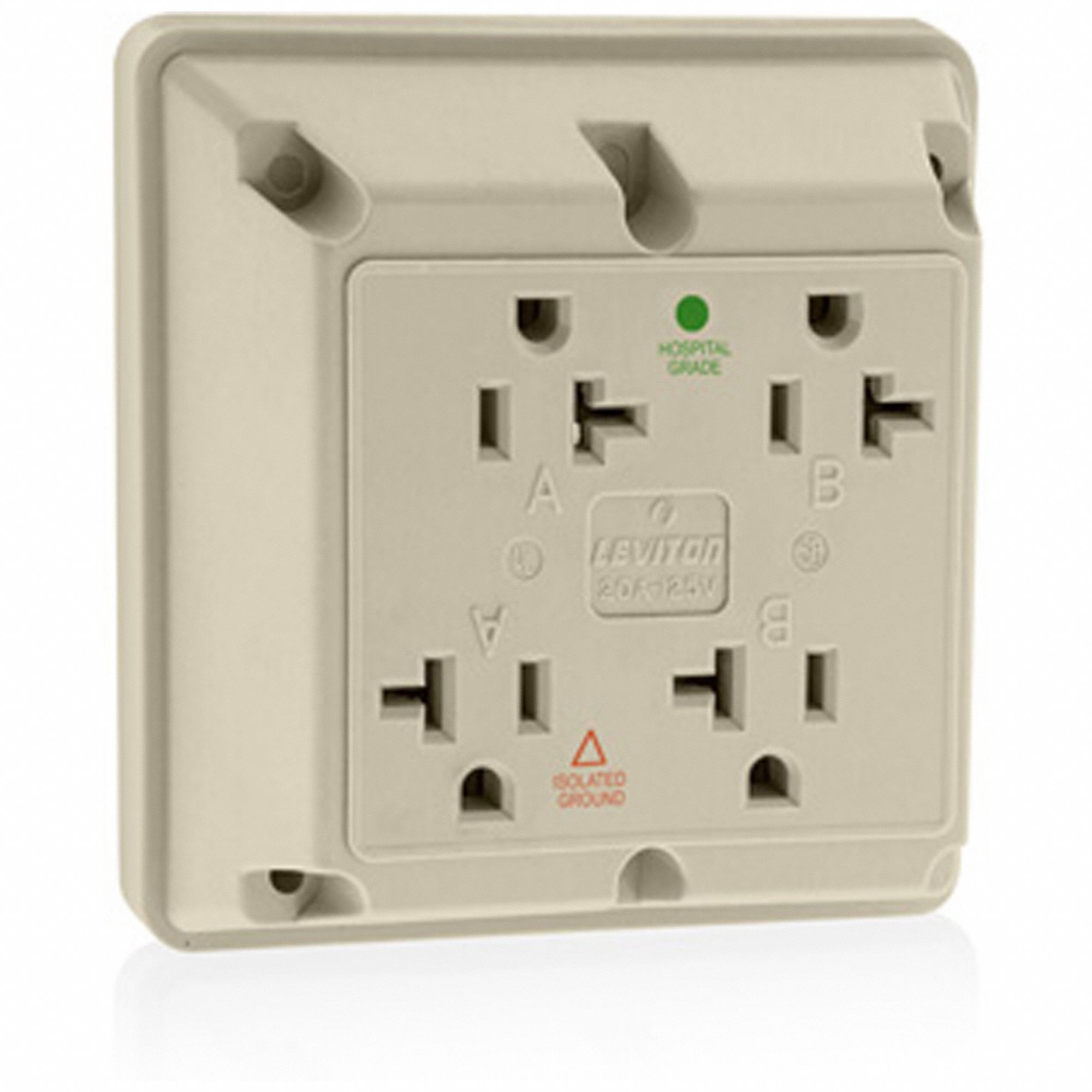 Receptacle: Quad, 5-20R, 20 A, 125V AC, Ivory, 2 Pole / 3 Wire Poles & Wires, Hospital Grade
