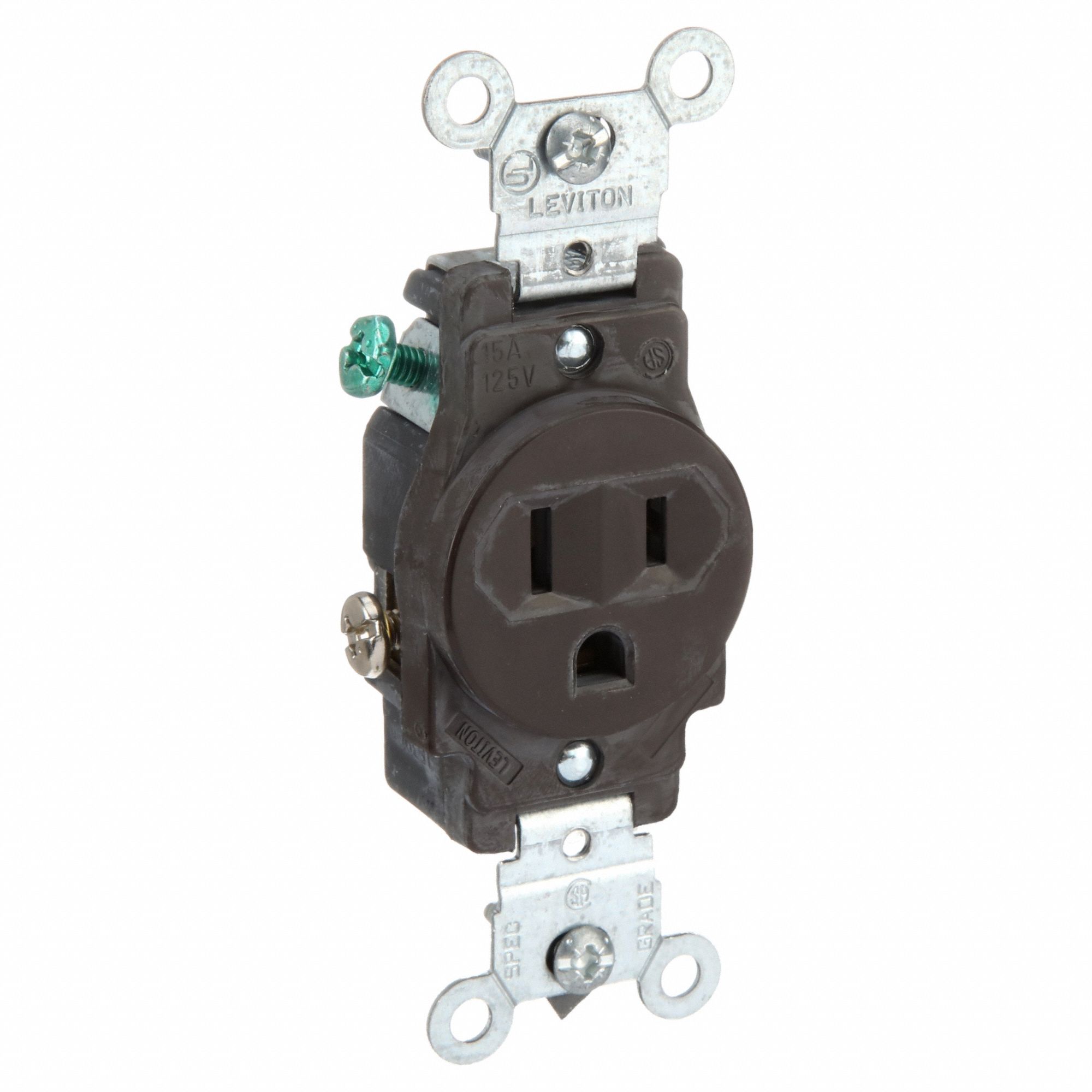 Receptacle: Single, Brown, 5-15R, 15 A, 125V AC, 2 Pole / 3 Wire, Screw Terminals