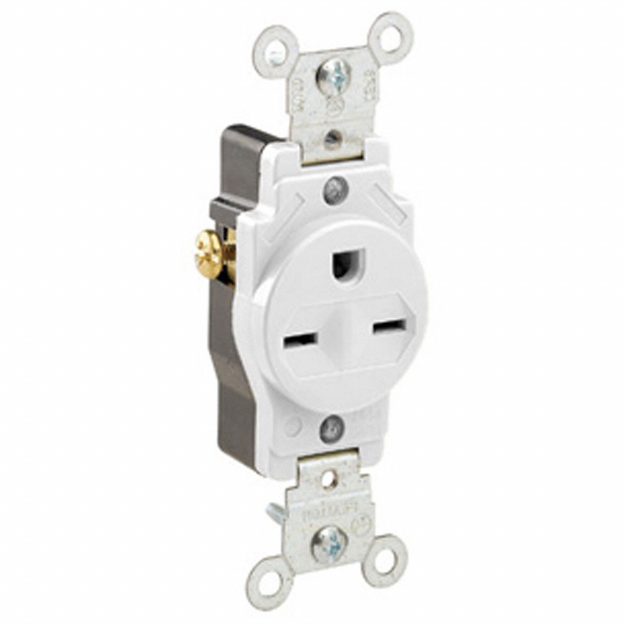 Receptacle: Single, White, 6-15R, 15 A, 250V AC, 2 Pole / 3 Wire, Screw Terminals