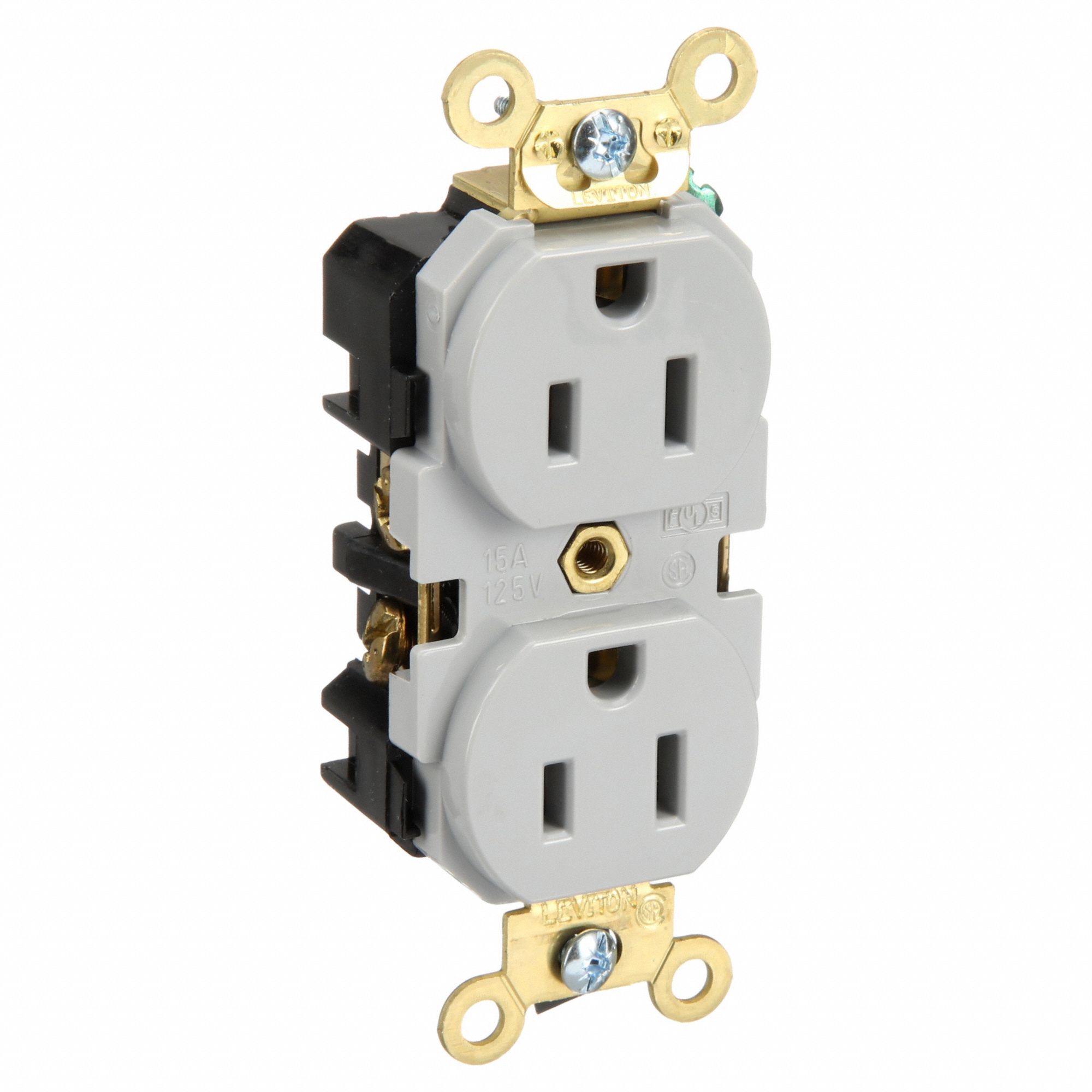 Receptacle: Duplex, 5-15R, 125V AC, 15 A, Gray, 2 Pole / 3 Wire, Screw Terminals