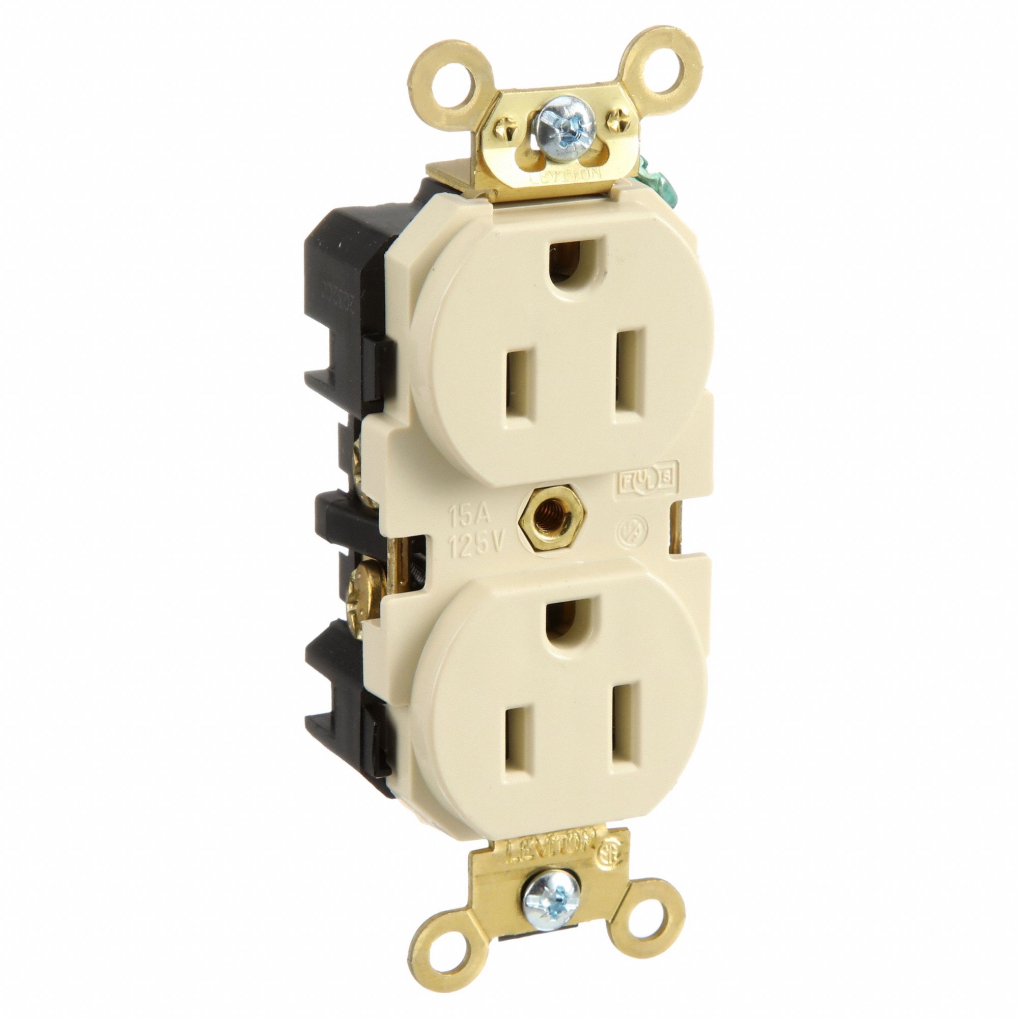 Receptacle: Duplex, 5-15R, 125V AC, 15 A, Ivory, 2 Pole / 3 Wire, Screw Terminals