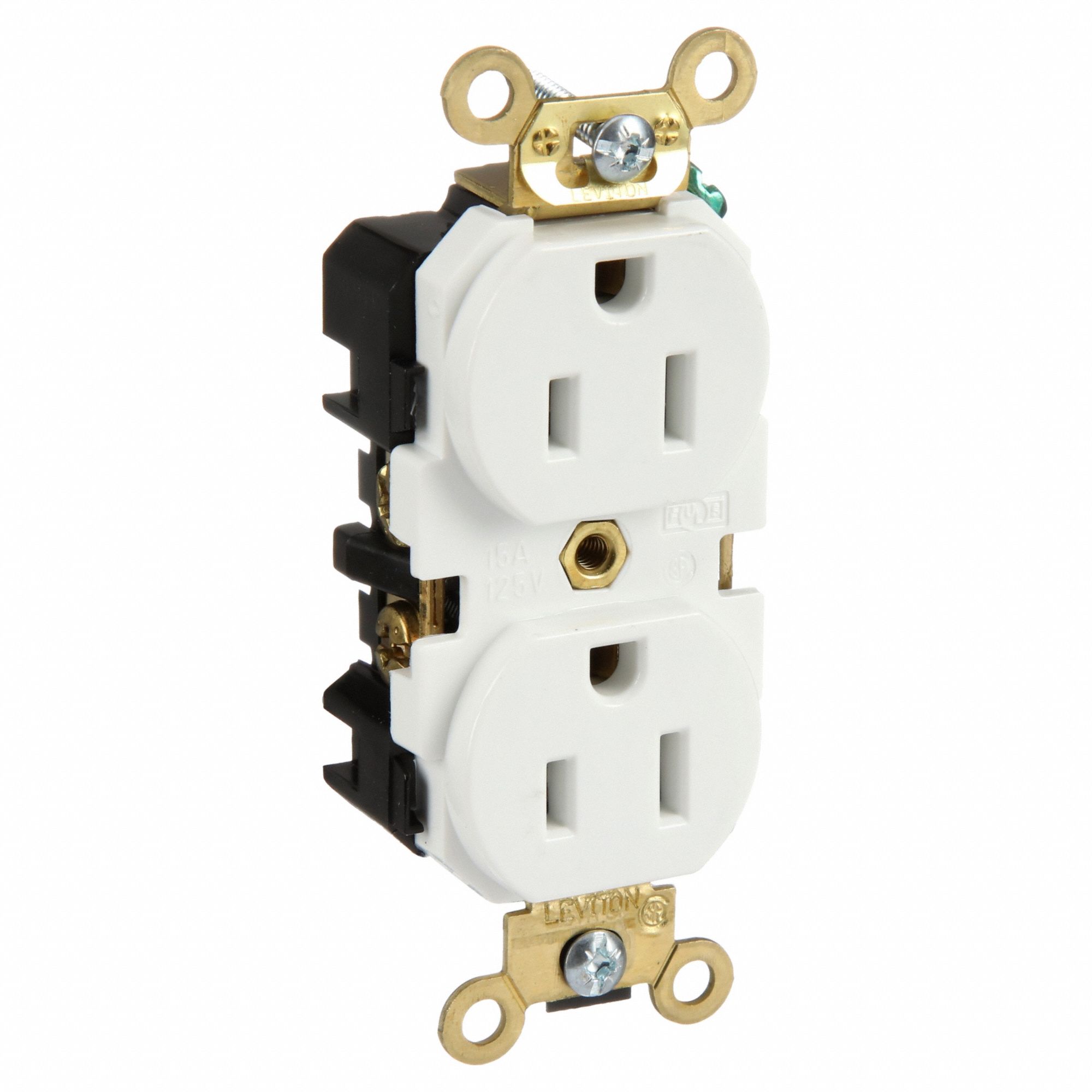 Receptacle: Duplex, 5-15R, 125V AC, 15 A, White, 2 Pole / 3 Wire, Screw Terminals