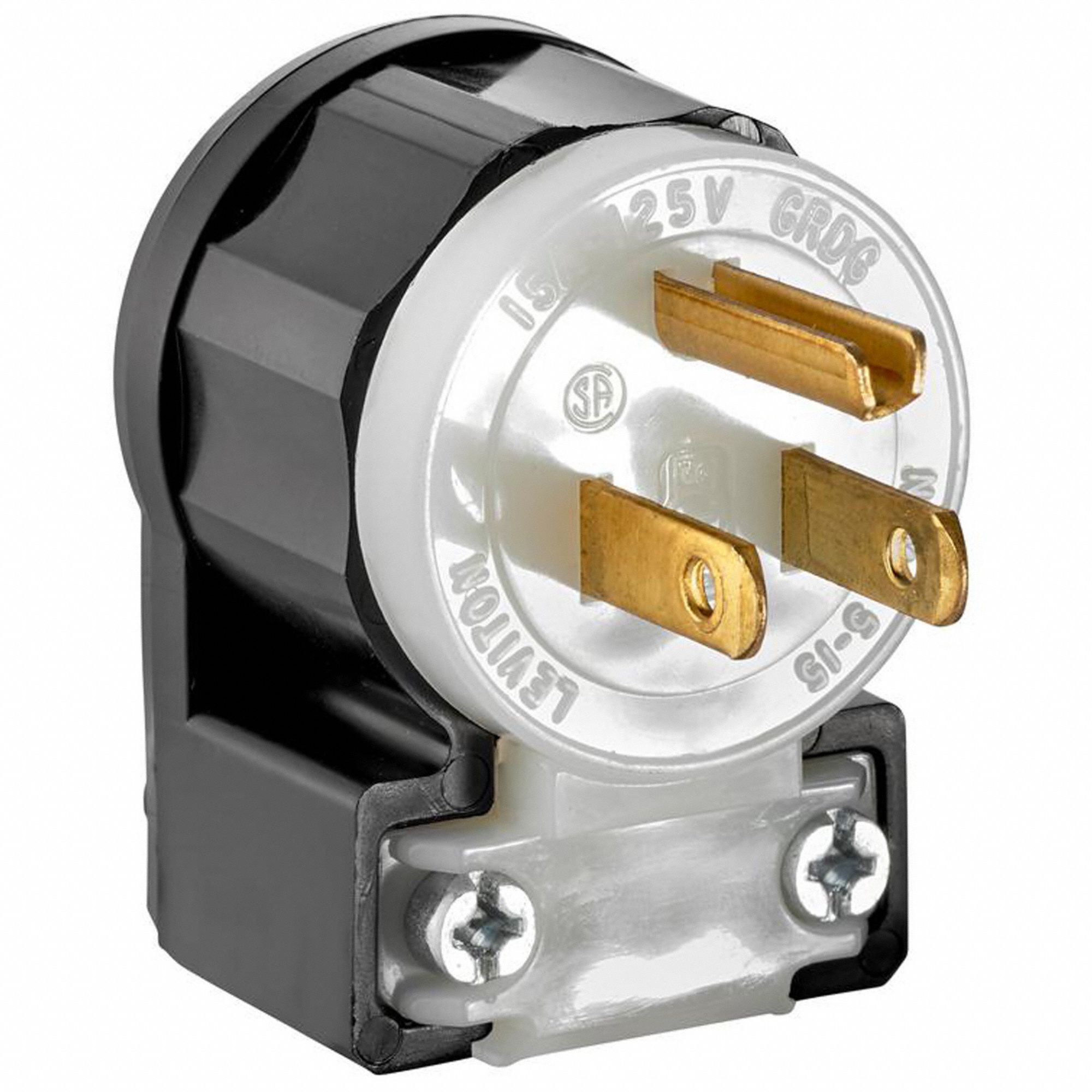 Angle Straight Blade Plug: 5-15P, 15 A, 125V AC, Black/White, 2 Poles, Screw Terminals