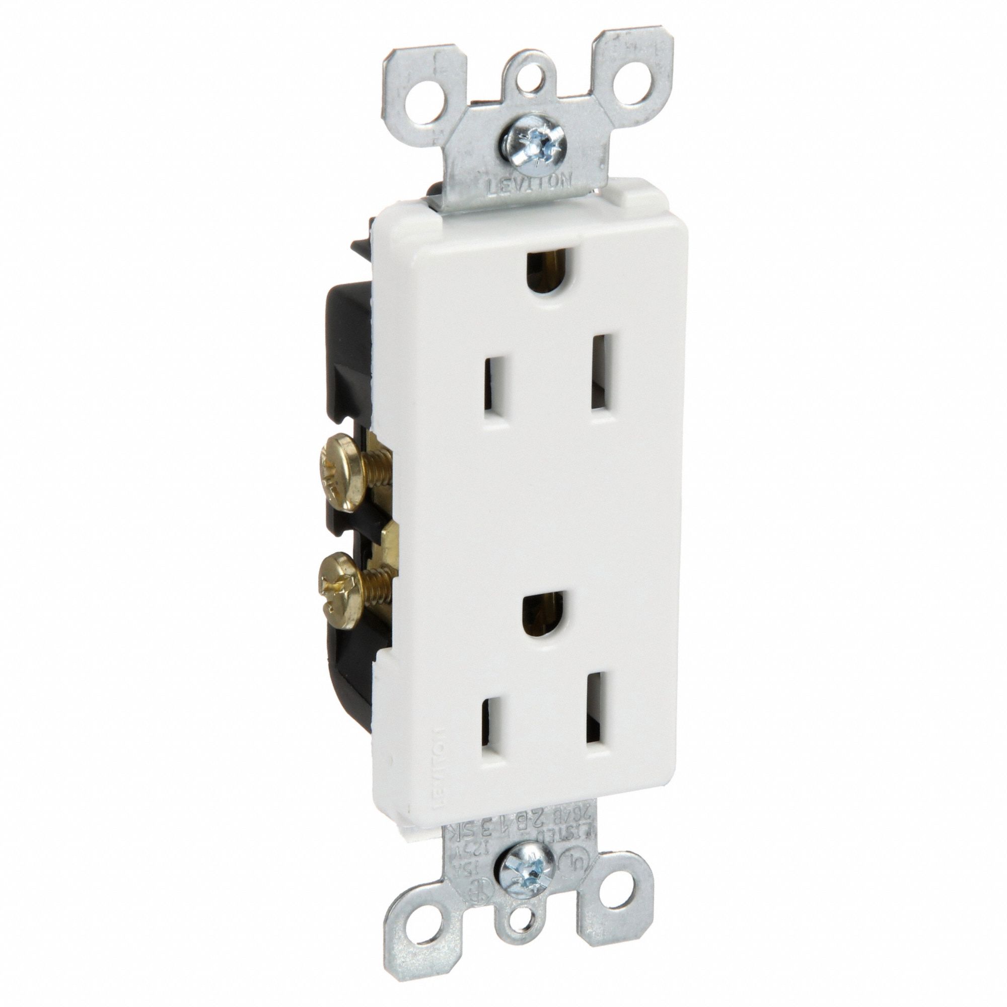 Receptacle: Decorator Duplex, White, 5-15R, 15 A, 125V AC, 2 Pole / 3 Wire, Screw Terminals