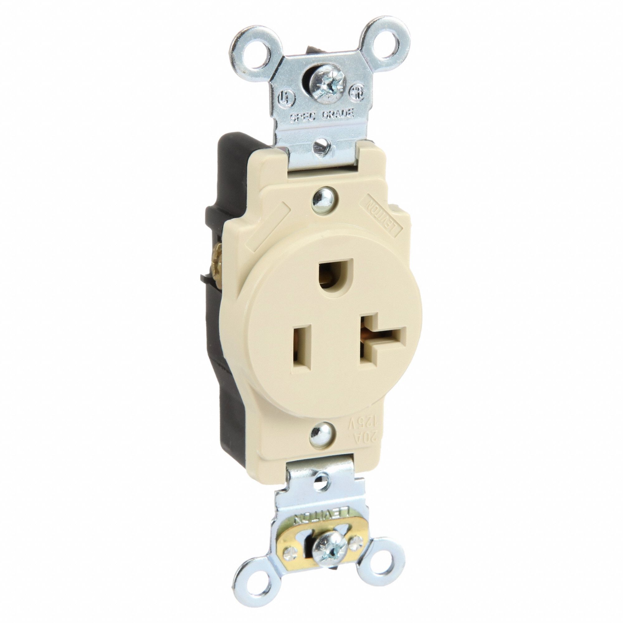 Receptacle: Single, 5-20R, 125V AC, 20 A, Ivory, 2 Pole / 3 Wire, Screw Terminals