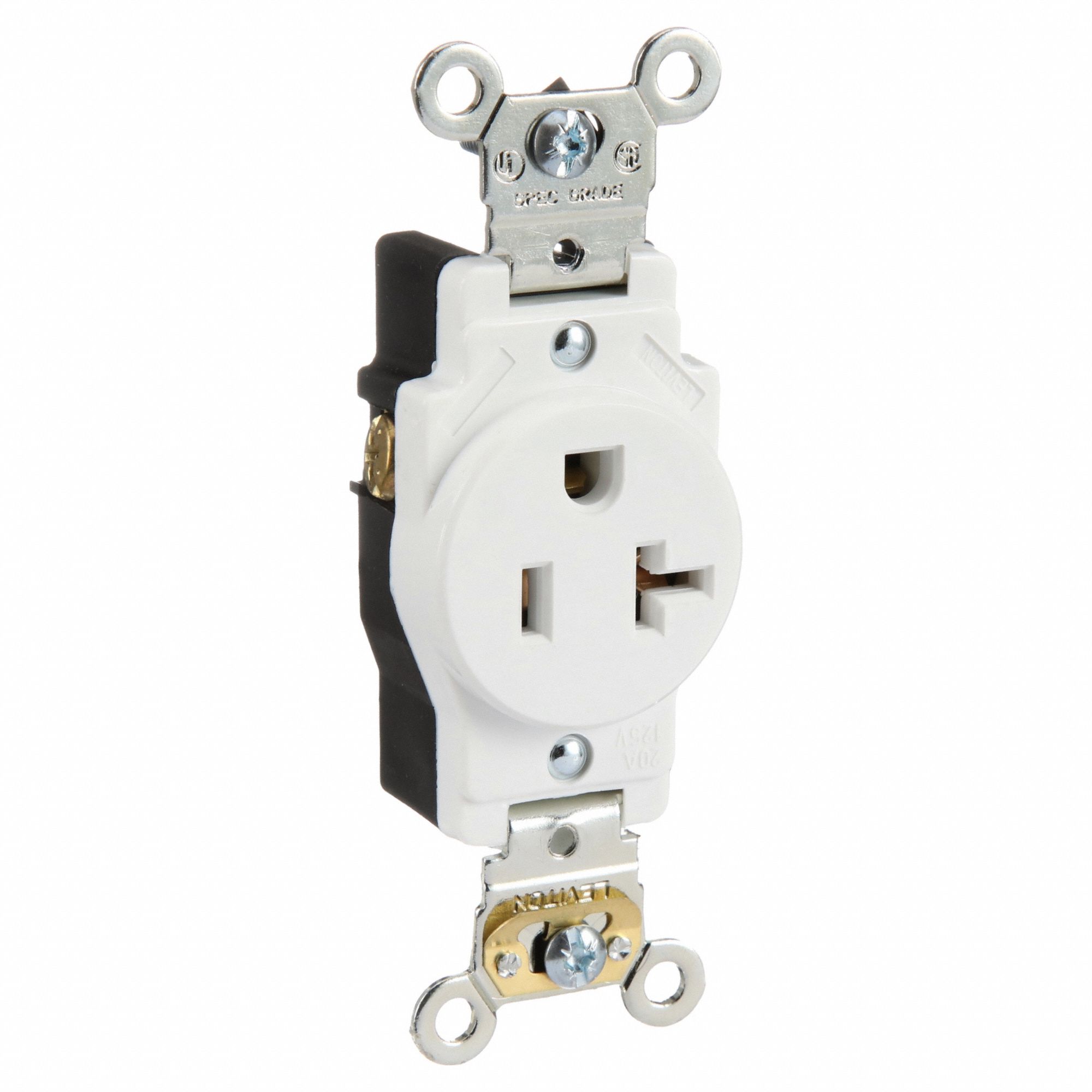Receptacle: Single, 5-20R, 125V AC, 20 A, White, 2 Pole / 3 Wire, Screw Terminals