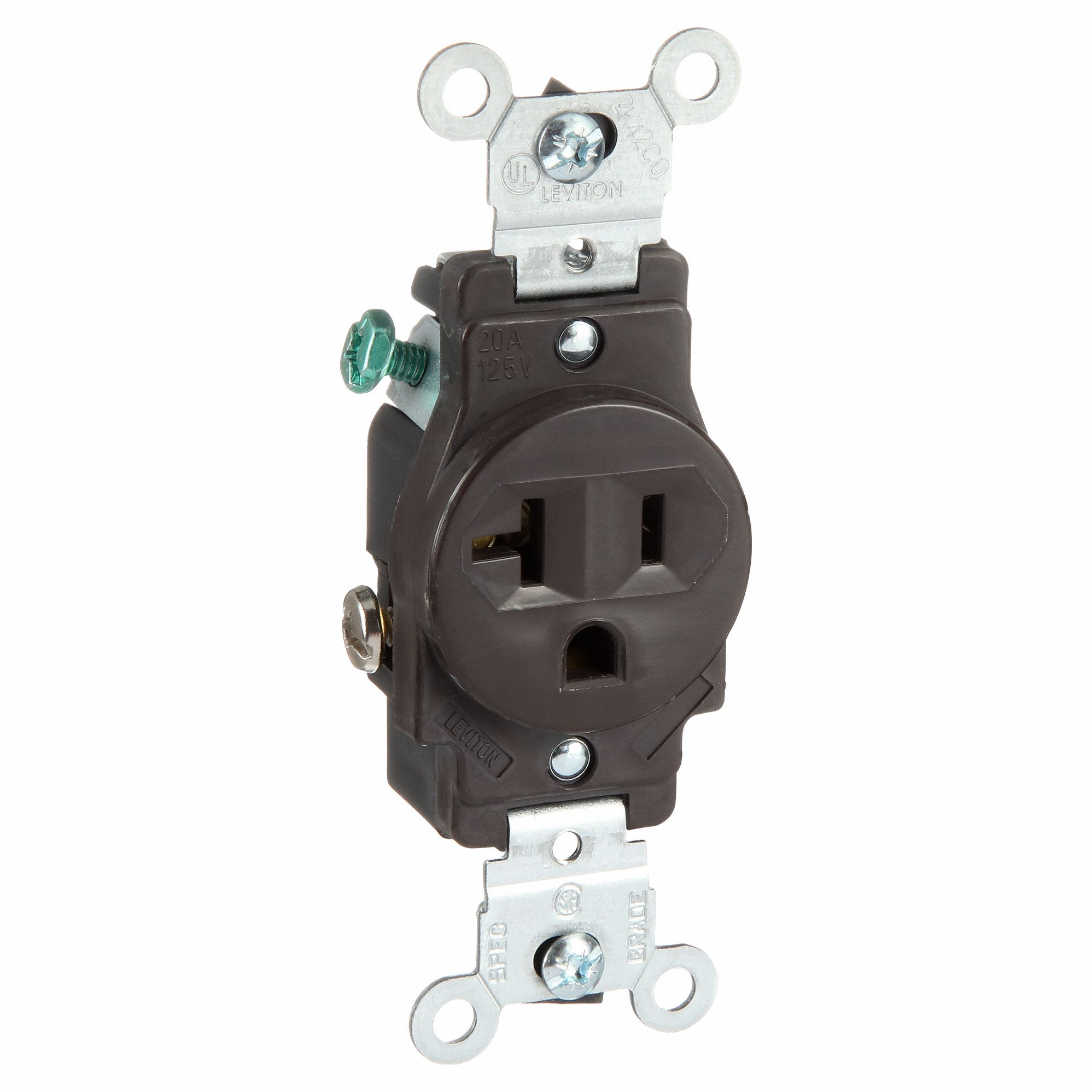 Receptacle: Single, Brown, 5-20R, 20 A, 125V AC, 2 Pole / 3 Wire, Screw Terminals