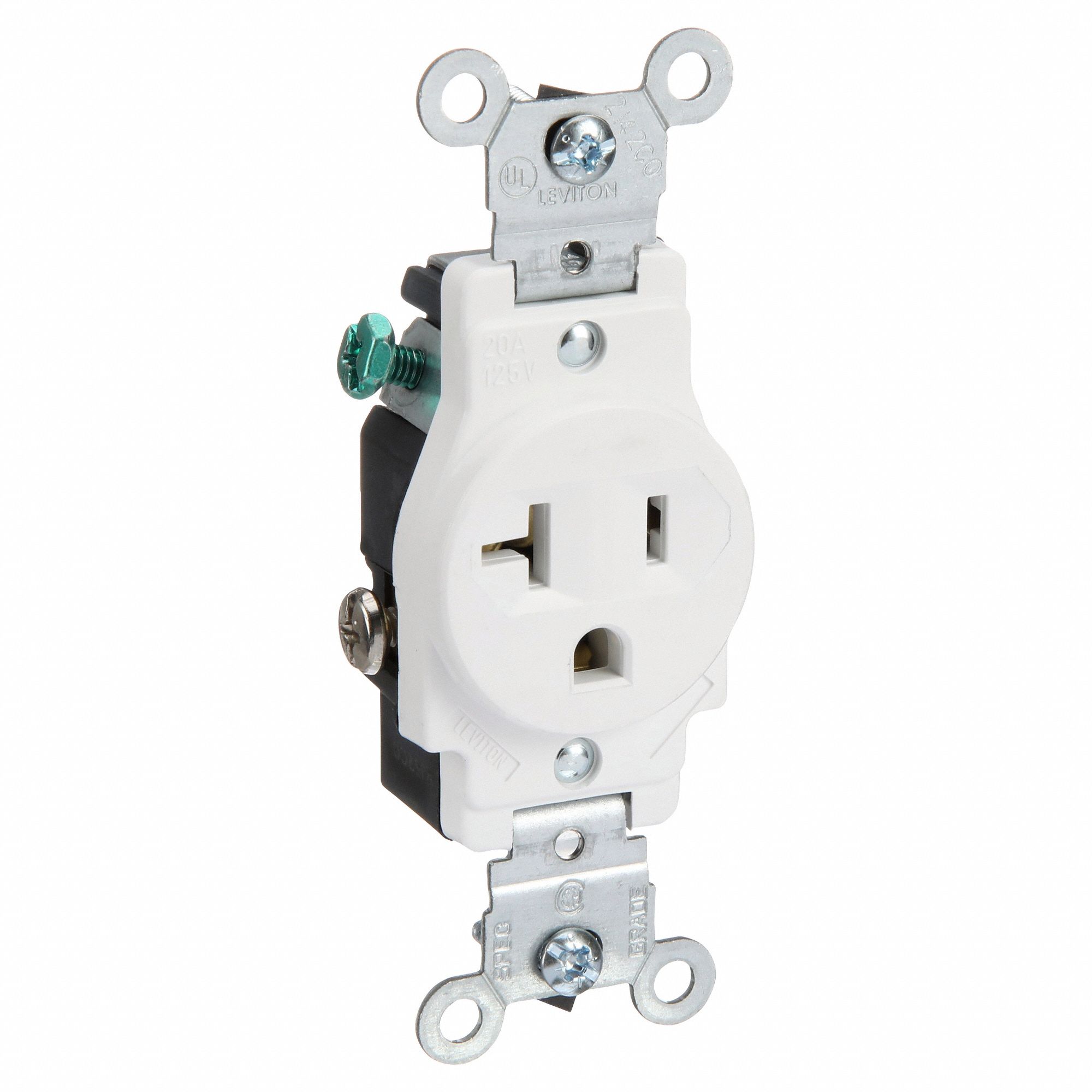 Receptacle: Single, White, 5-20R, 20 A, 125V AC, 2 Pole / 3 Wire, Screw Terminals