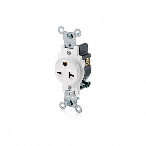 Receptacle: Single, White, 6-20R, 20 A, 250V AC, 2 Pole / 3 Wire, Screw Terminals