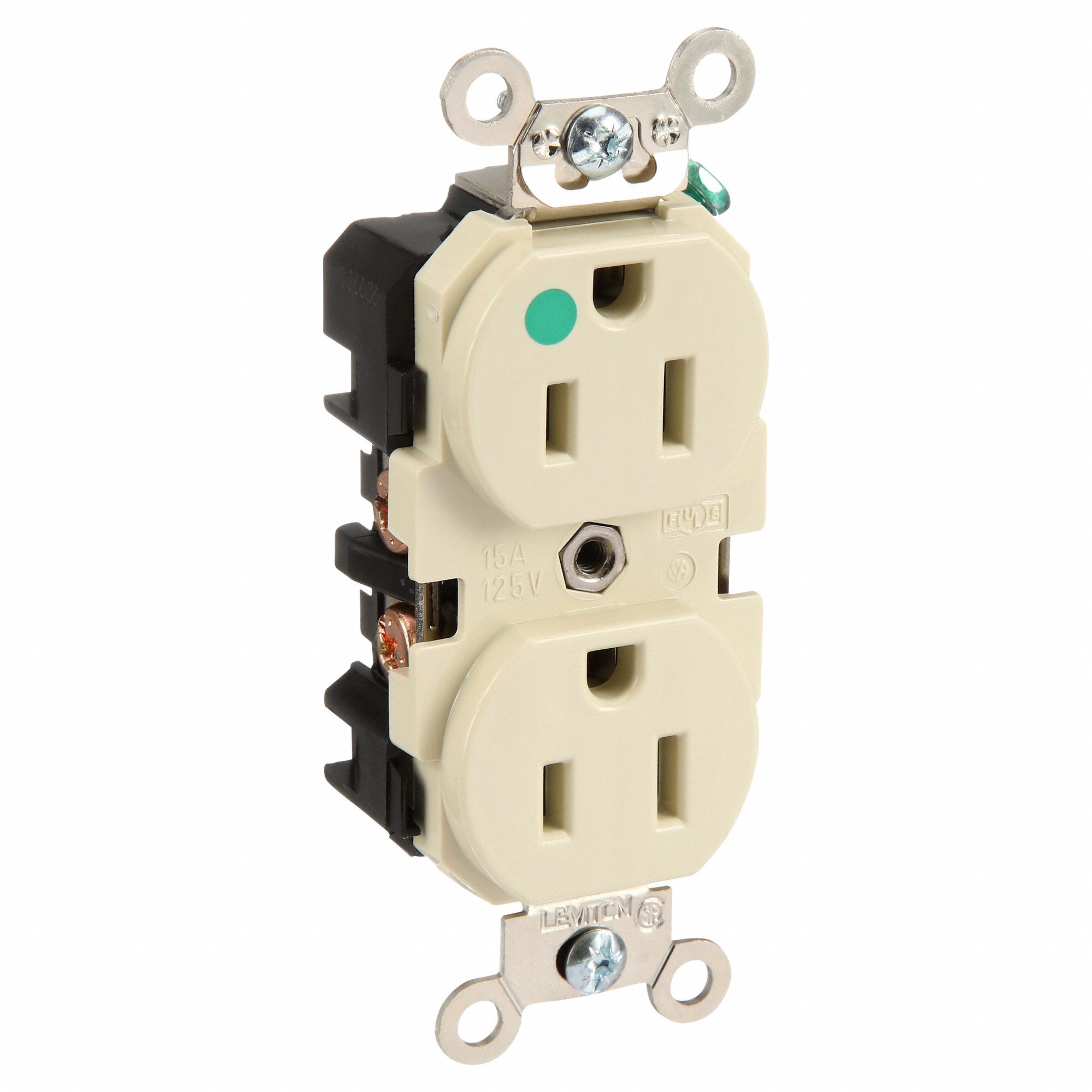 Receptacle: Duplex, 5-15R, 15 A, 125V AC, Ivory, 2 Pole / 3 Wire Poles & Wires, Gen Purpose