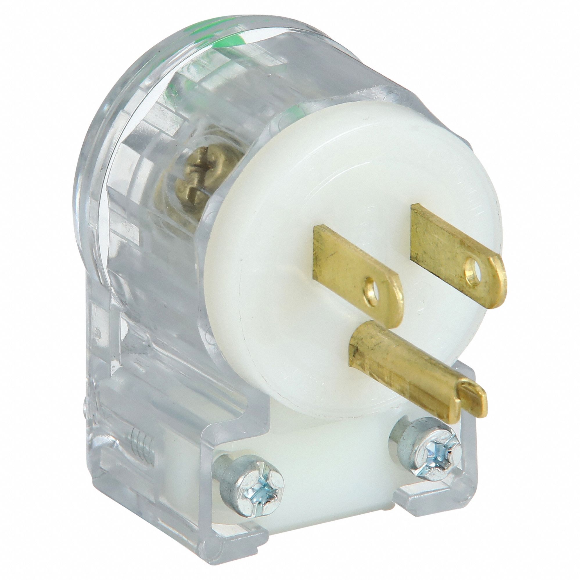 Angle Straight Blade Plug: 5-15P, 15 A, 125V AC, Clear, 2 Poles, Screw Terminals, Hospital Grade