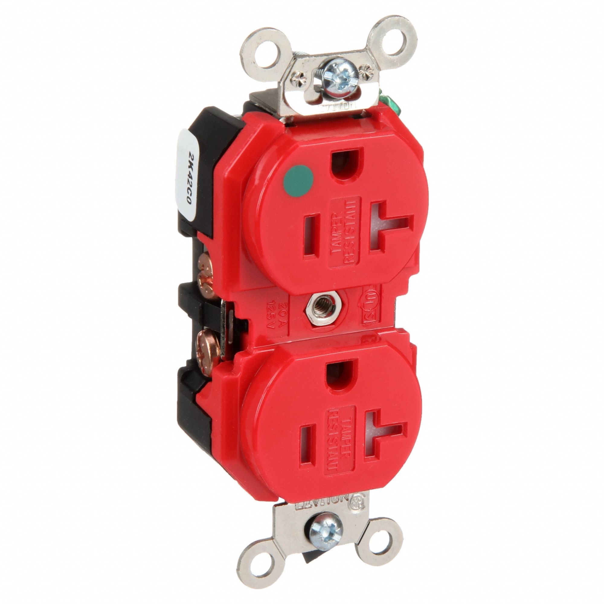 Receptacle: Duplex, 5-20R, 20 A, 125V AC, Red, 2 Pole / 3 Wire Poles & Wires, Gen Purpose