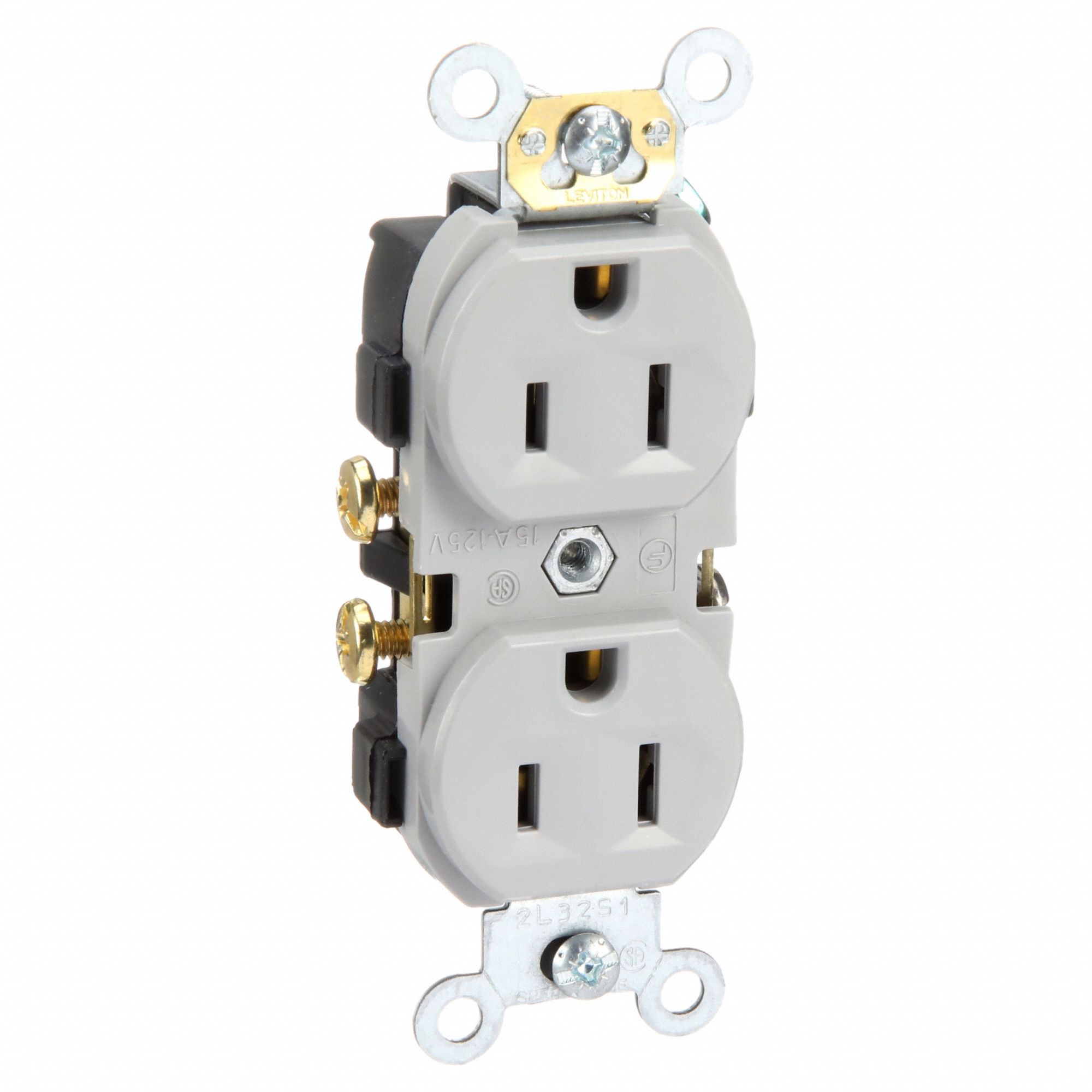 Receptacle: Duplex, Gray, 5-15R, 15 A, 125V AC, 2 Pole / 3 Wire, Screw Terminals
