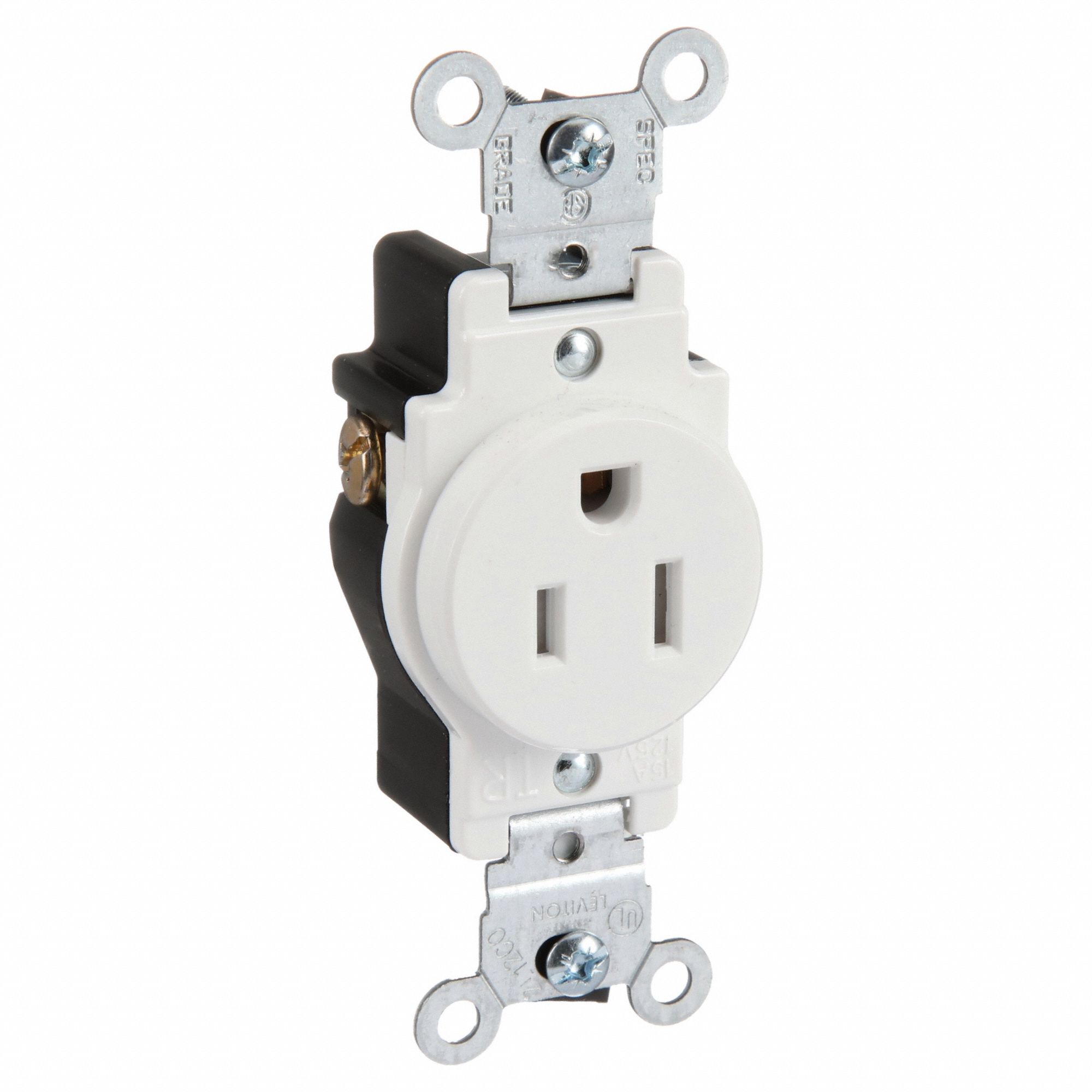Receptacle: Single, White, 5-15R, 15 A, 125V AC, 2 Pole / 3 Wire, Screw Terminals