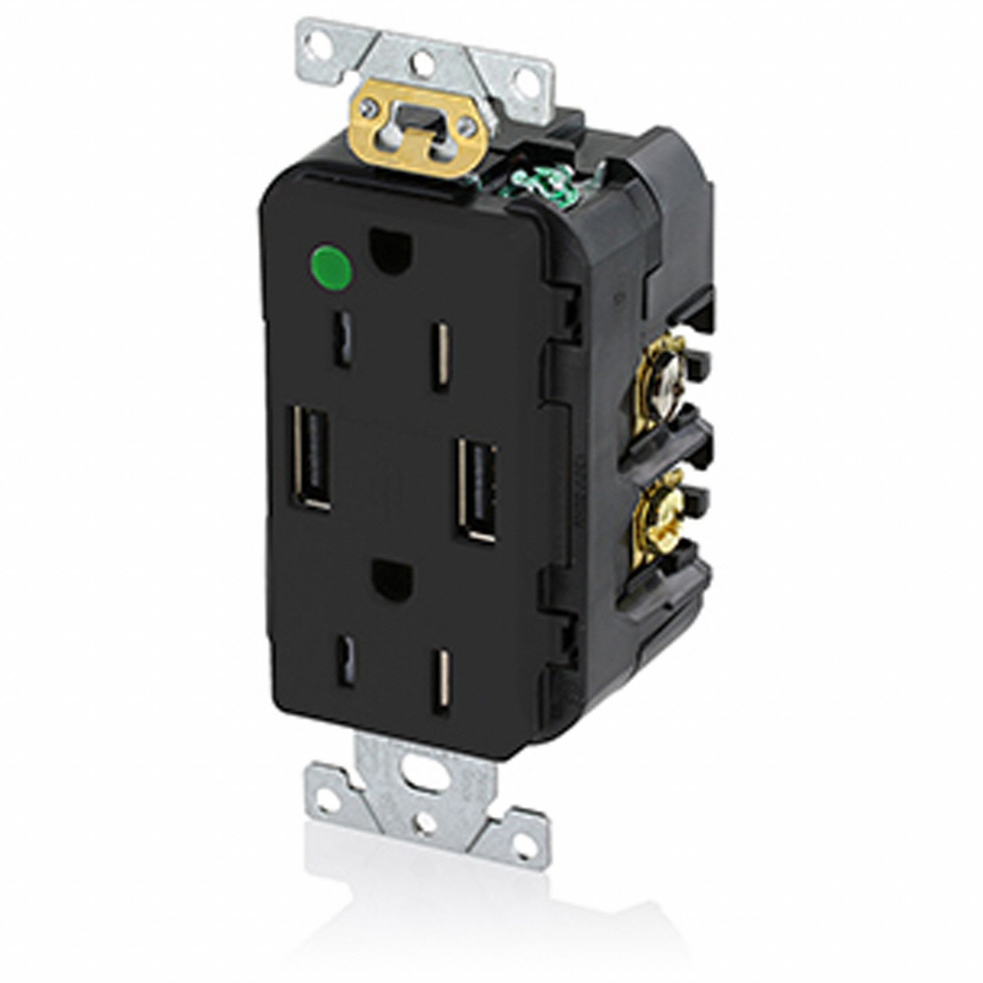Receptacle: 5-15R, 15 A, 125V AC, Black, A USB Connection Type