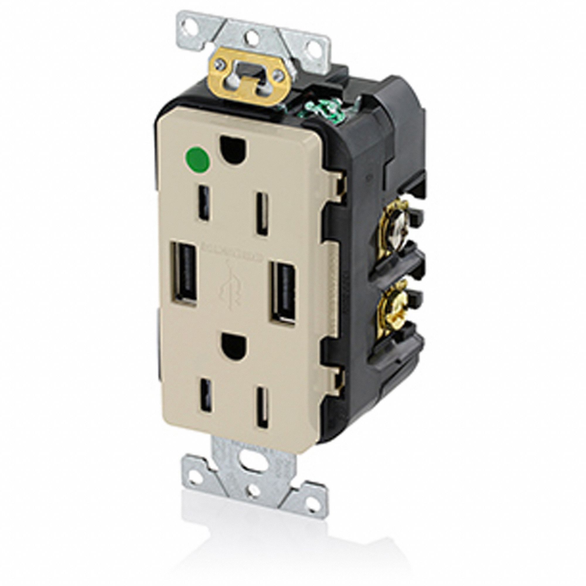 Receptacle: 5-15R, 15 A, 125V AC, Ivory, A USB Connection Type