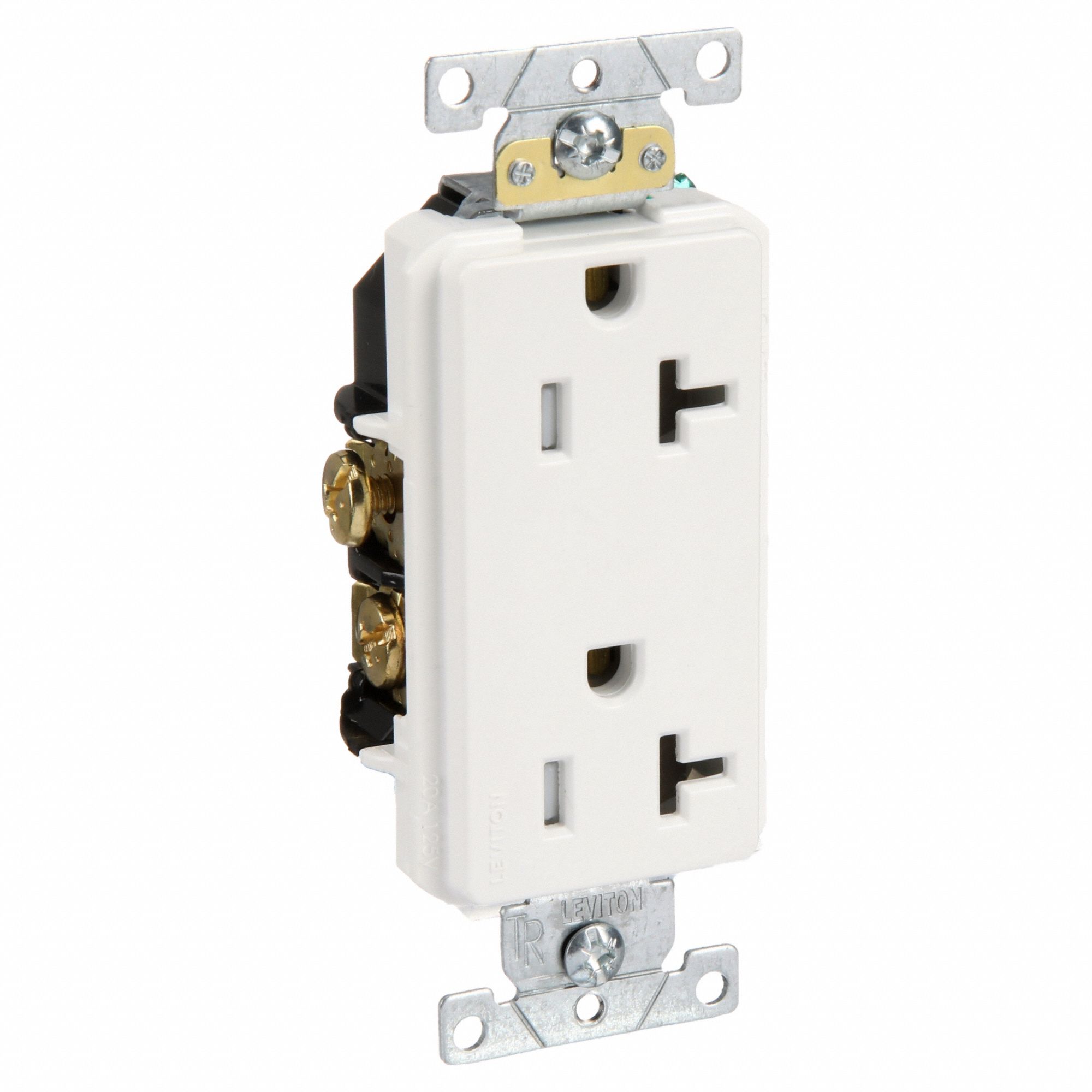 Receptacle: Decorator Duplex, White, 5-20R, 20 A, 125V AC, 2 Pole / 3 Wire, Screw Terminals
