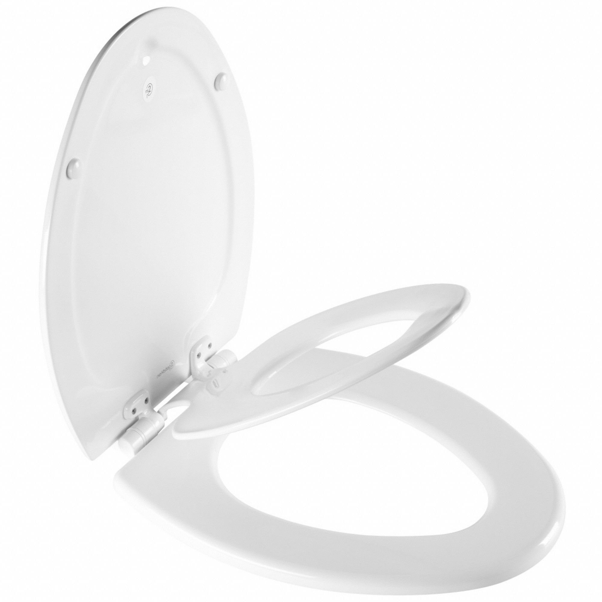 Toilet Seat: White, Plastic with Stainless Steel Posts, Slow Close Hinge, 2 3/16 in Seat Ht, Closed