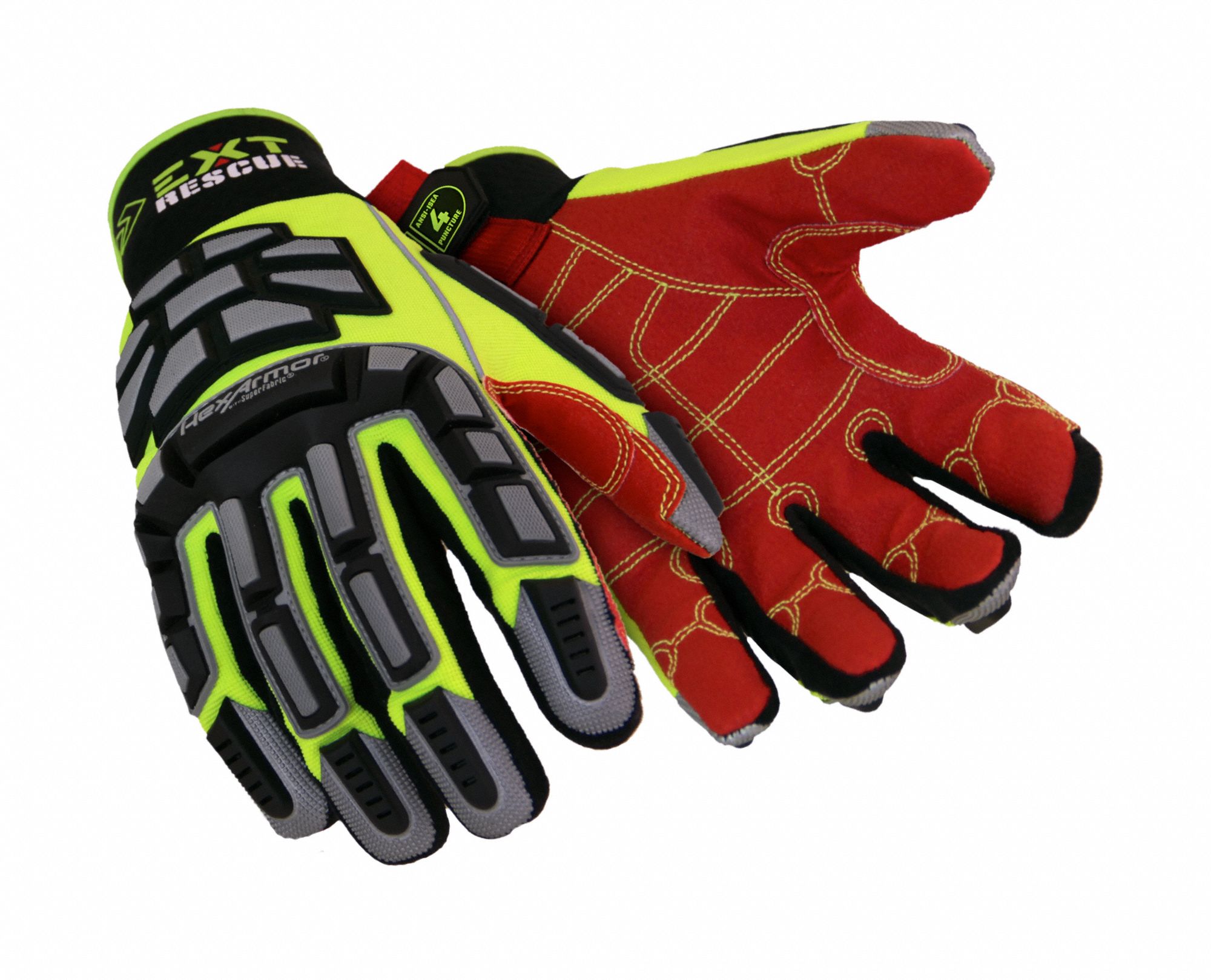 Extrication Gloves: 2XL, Black/High Visibility Green/Red, PMP/Synthetic Fabric Palm, 1 PR