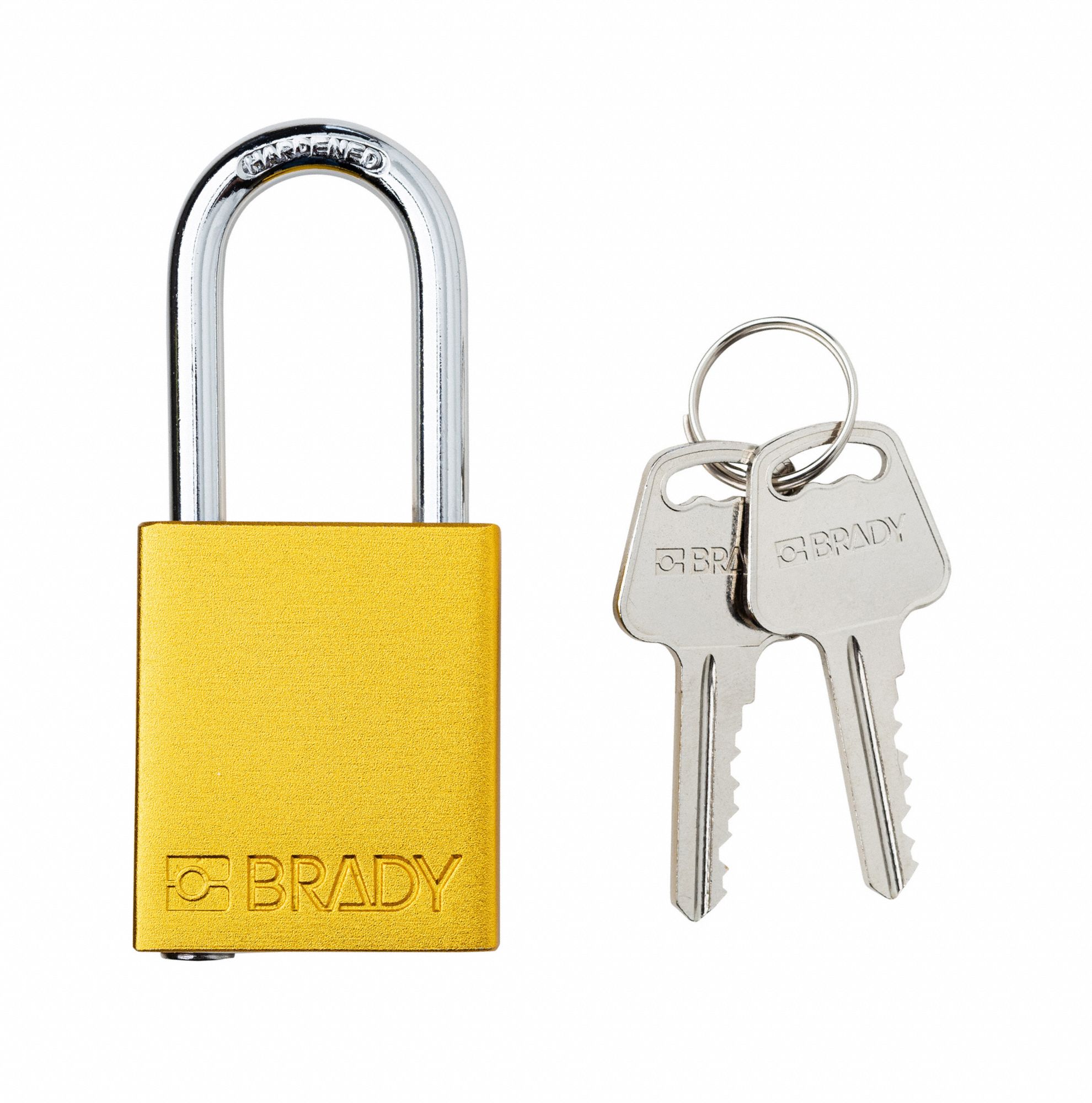 Padlock: Keyed Different, Aluminum, Std Body Body Size, Steel, Std, Yellow, 1 Pack Size, BRADY