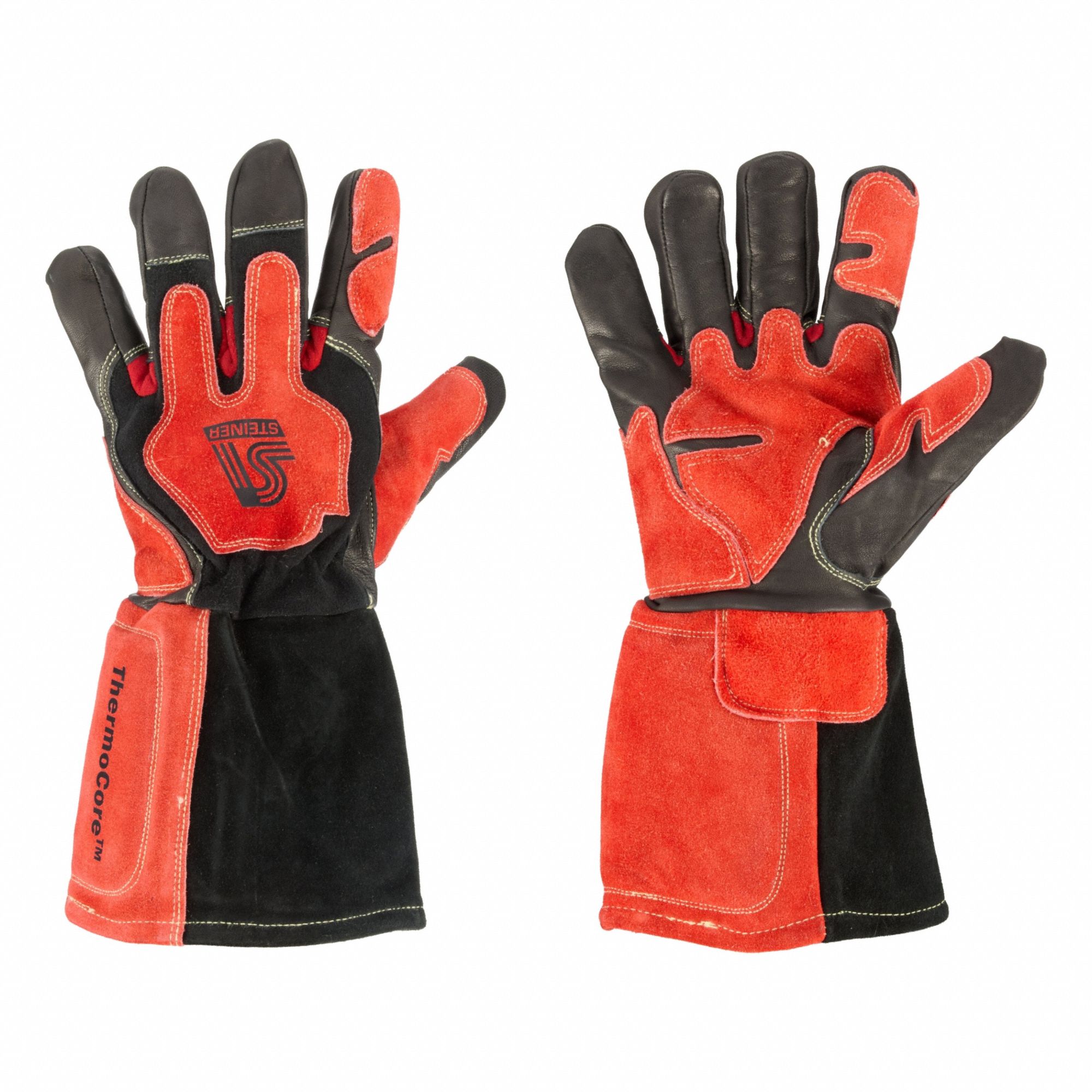 Welding Gloves: Keystone Thumb, Gauntlet Cuff, Premium, Black/Red Cowhide, ThermoCore™, 1 PR