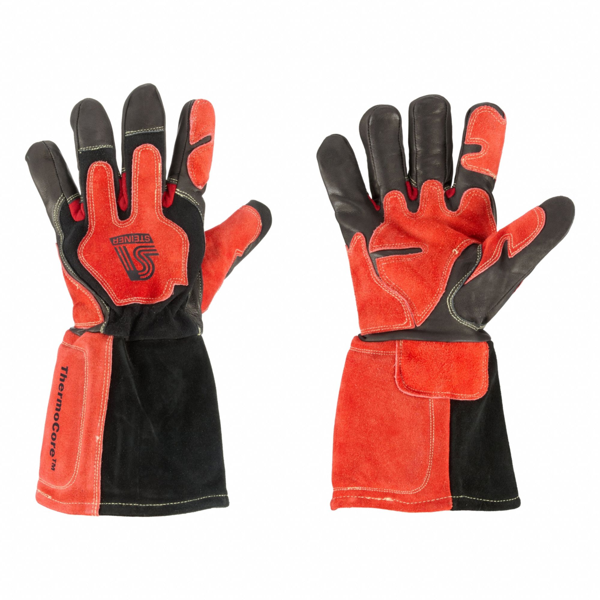Welding Gloves: Keystone Thumb, Gauntlet Cuff, Premium, Black/Red Cowhide, ThermoCore™, 1 PR