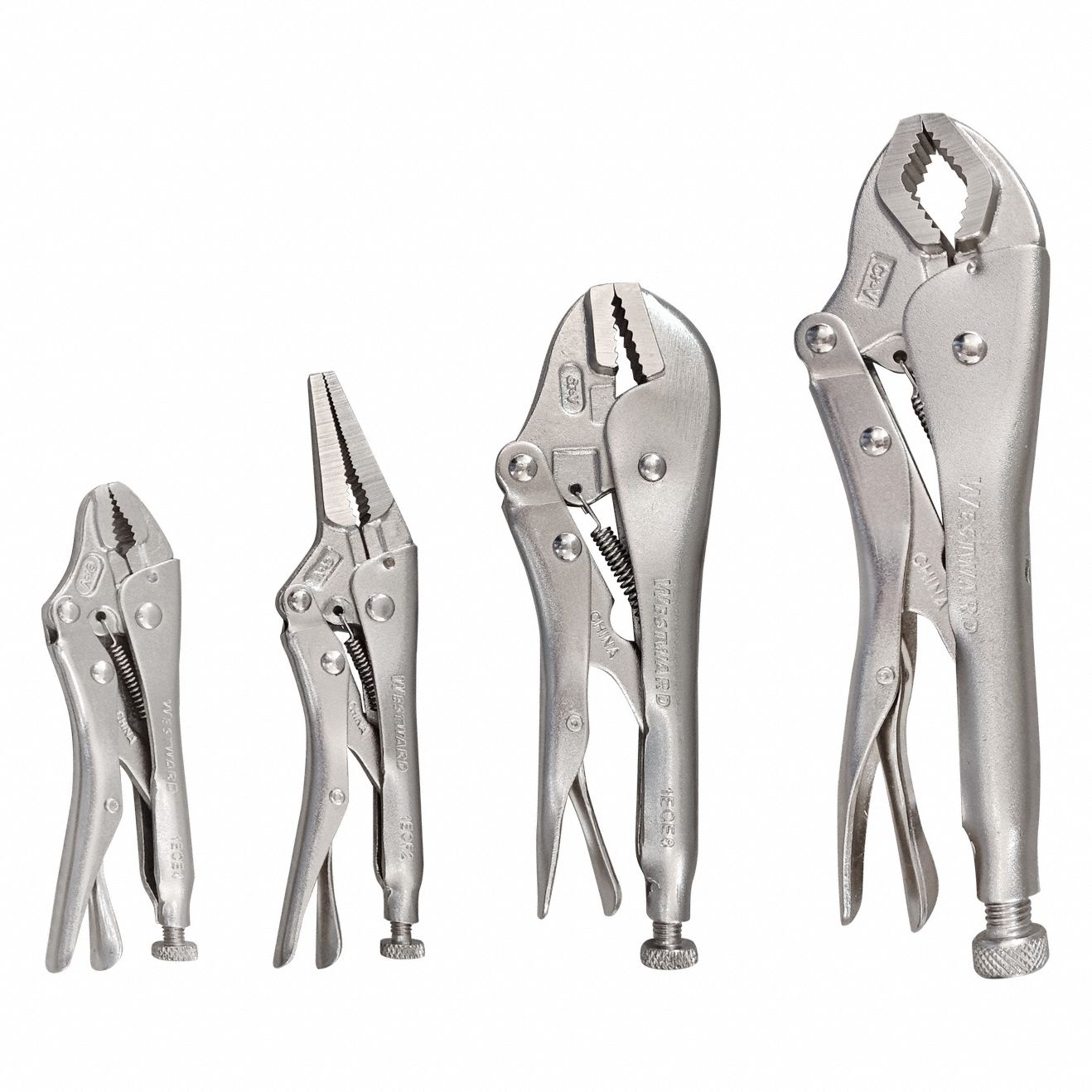 LOCKING PLIERS, CURVED/FLAT/LONG NOSE, 1 11/32 IN/1 7/16 IN/2⅛ IN/2 15/32 IN MAX JAW OPENING