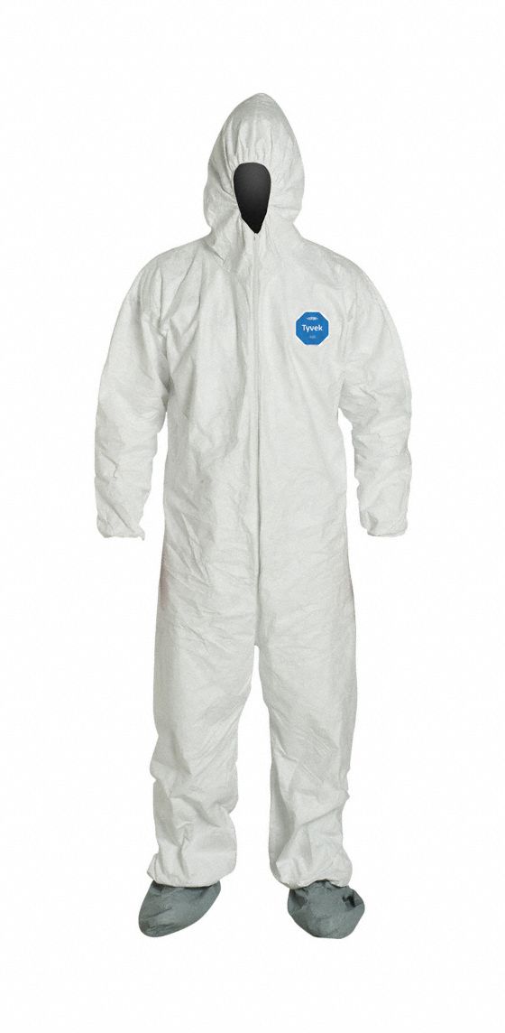 Coveralls: 4XL, Tyvek® 400, Elastic Wrist, White, Serged Seam, Includes Boot Covers, 6 PK