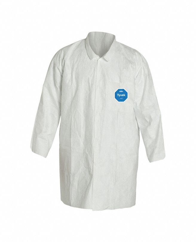 Lab Coat: Tyvek® 400, Plain Collar, Snaps Closure, 2 Pockets, Left Chest/Right Hip, Open Cuff