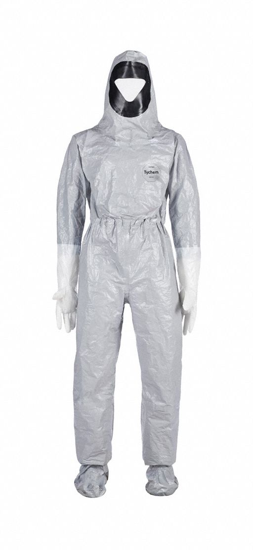 Coveralls: M, Tychem® 6000, Socks w/Boot Flaps Ankle, Gray, Taped Seam