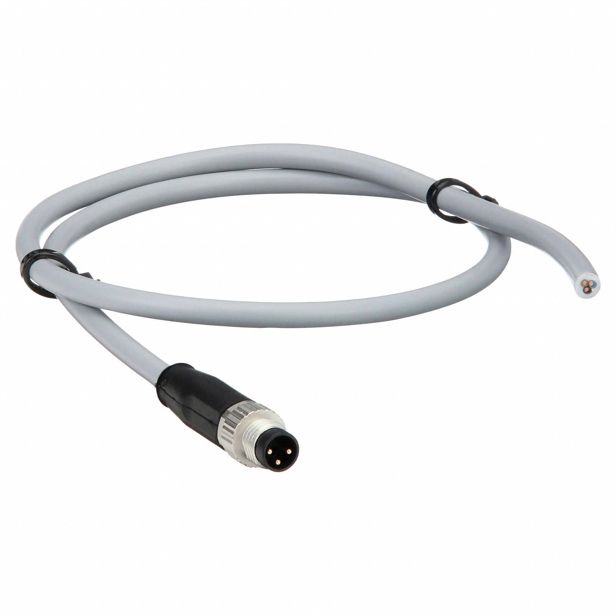 Cordset: M8 Male Straight X Bare Wire, 3 Pins, Gray, PVC, 1 m Cable Lg, 0.25 sq mm Wire Size