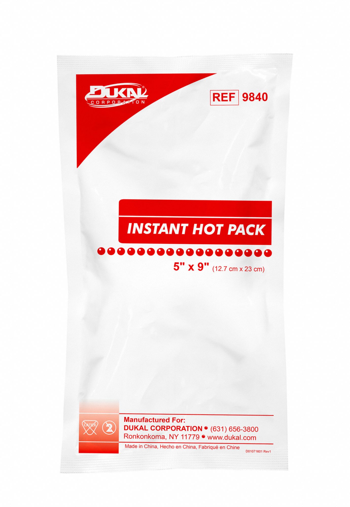 Instant Hot Pack: Disposable, Red/White, Waterproof, 9 in Lg, 5 in Wd