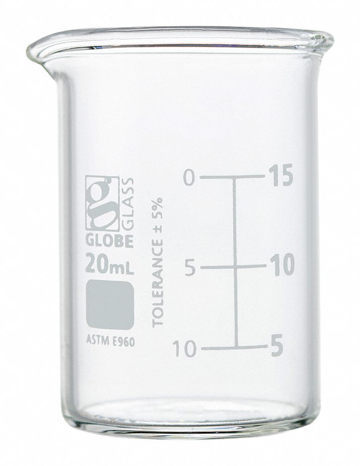 Beaker: Borosilicate Glass, Low Form, 20 mL Capacity - mL, 0.67 fl oz Capacity - oz, White, A