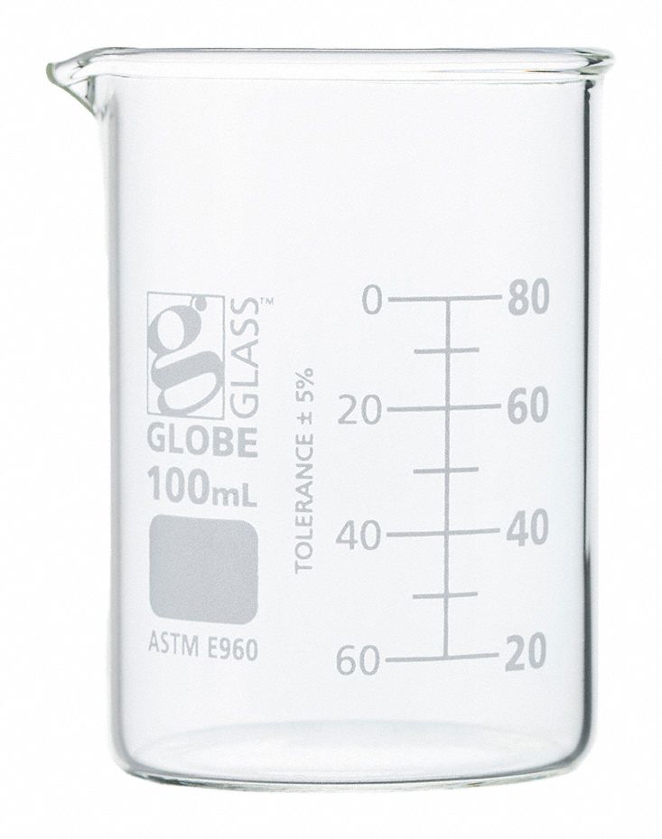 Beaker: Borosilicate Glass, Low Form, 100 mL Capacity - mL, 3.38 fl oz Capacity - oz, White, A