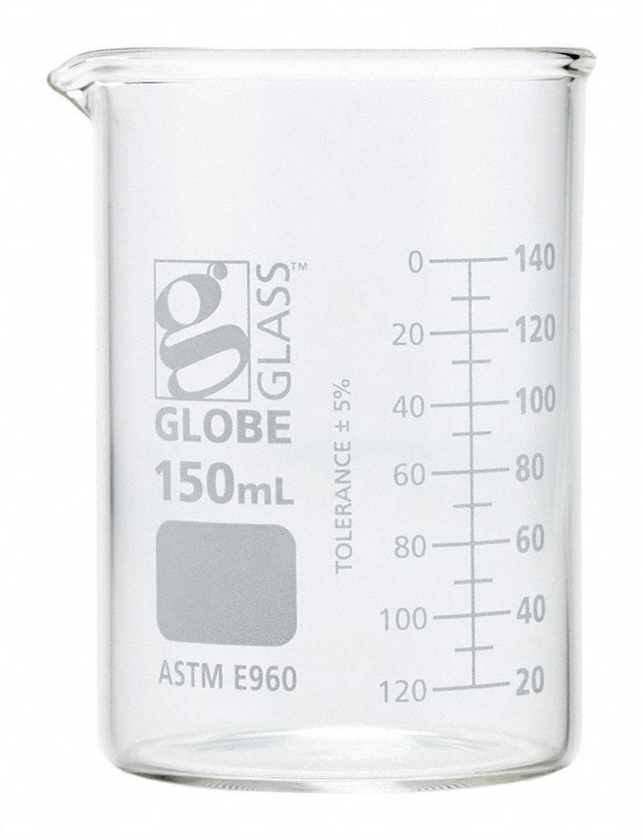 Beaker: Borosilicate Glass, Low Form, 150 mL Capacity - mL, 5.07 fl oz Capacity - oz, White, A