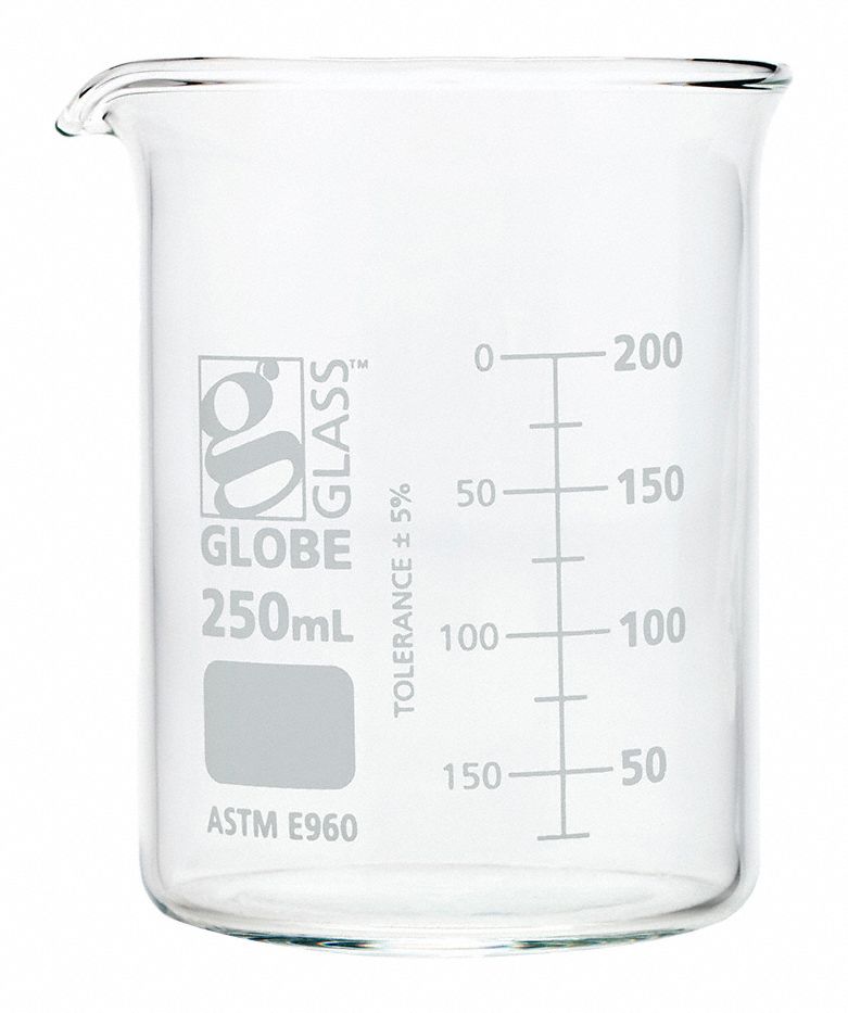 Beaker: Borosilicate Glass, Low Form, 250 mL Capacity - mL, 8.45 fl oz Capacity - oz, White, A