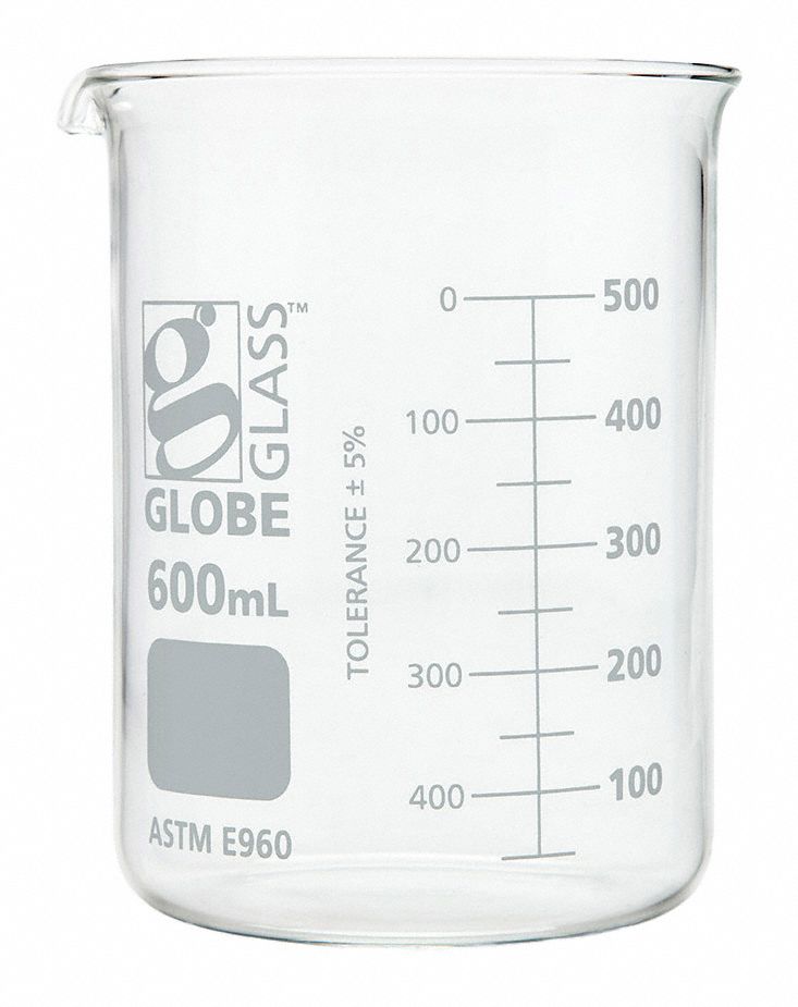 Beaker: Borosilicate Glass, Low Form, 600 mL Capacity - mL, 20.28 fl oz Capacity - oz, White, A
