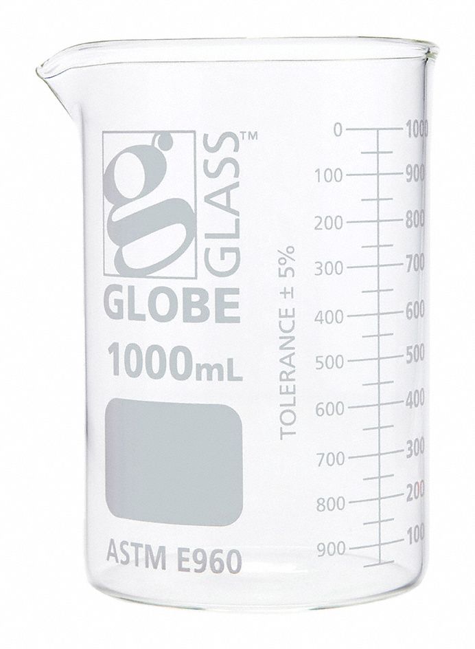 Beaker: Borosilicate Glass, Low Form, 1 L Capacity - mL, 33.81 fl oz Capacity - oz, White, A, Type I