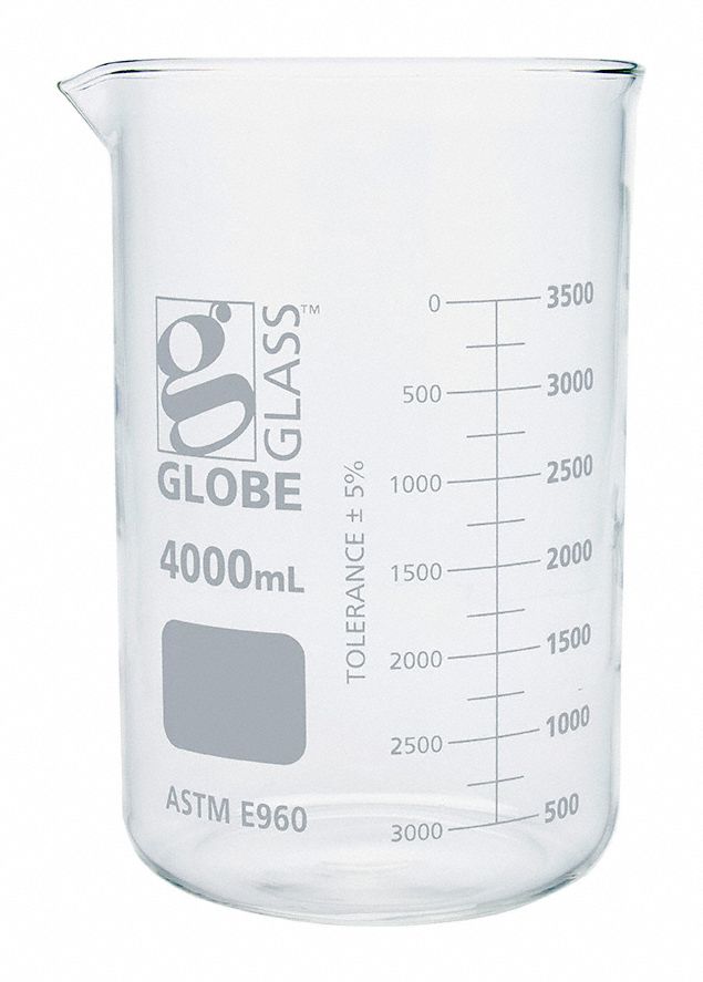 Beaker: Borosilicate Glass, Low Form, 4 L Capacity - mL, 1.06 gal Capacity - oz, White, A, Type I