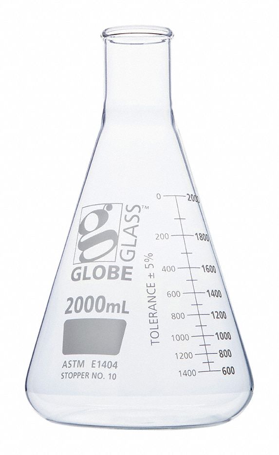 Erlenmeyer Flask: Glass, 2 L Capacity - mL, 67.63 fl oz Capacity - oz, Graduated, 280 mm Overall Ht