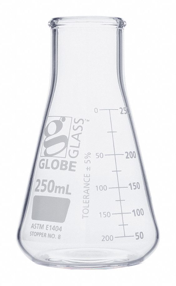 Erlenmeyer Flask: Glass, 250 mL Capacity - mL, 8.45 fl oz Capacity - oz, Graduated, Type I, Stopper