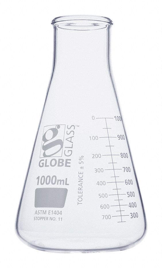 Erlenmeyer Flask: Glass, 1 L Capacity - mL, 33.81 fl oz Capacity - oz, Graduated, 128 mm Overall Ht