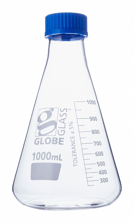 Erlenmeyer Flask: Glass, 1 L Capacity - mL, 33.81 fl oz Capacity - oz, Includes Closure, Graduated