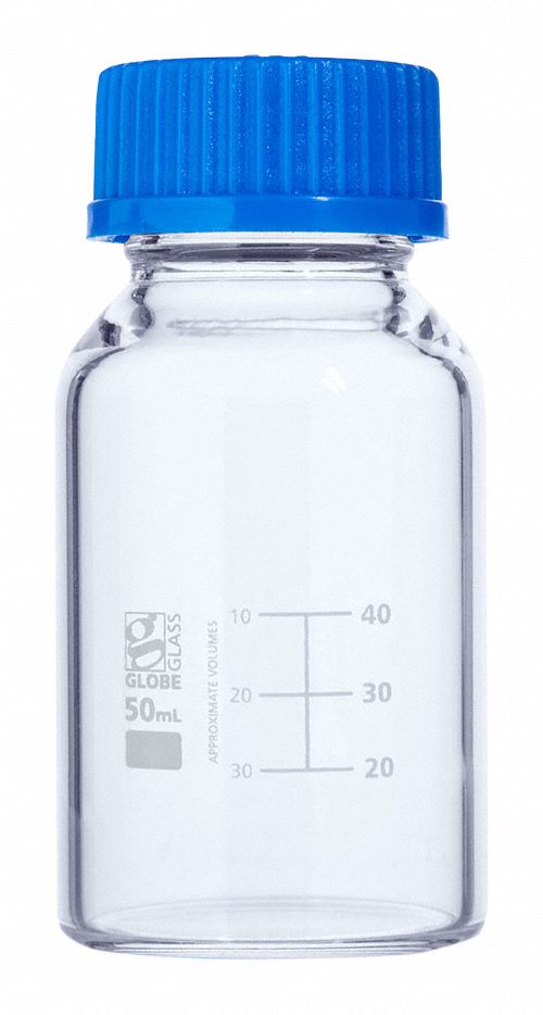 Media Bottle: Borosilicate Glass, 50 mL Capacity - mL, 1.69 fl oz Capacity - oz, 46 mm Body Dia
