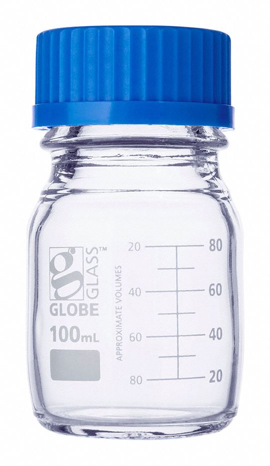 Media Bottle: Borosilicate Glass, 100 mL Capacity - mL, 3.38 fl oz Capacity - oz, 56 mm Body Dia