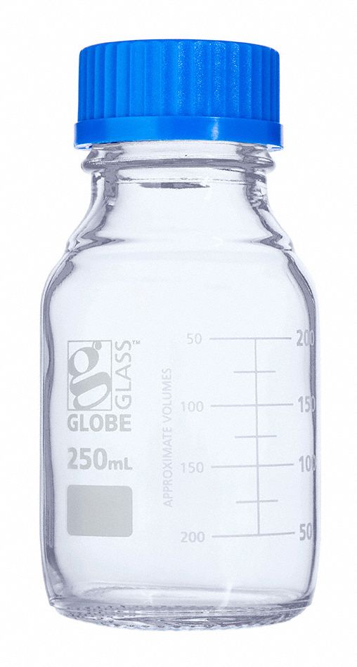 Media Bottle: Borosilicate Glass, 250 mL Capacity - mL, 8.45 fl oz Capacity - oz, 70 mm Body Dia