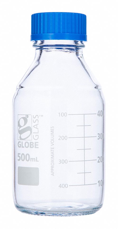 Media Bottle: Borosilicate Glass, 500 mL Capacity - mL, 16.9 fl oz Capacity - oz, 86 mm Body Dia
