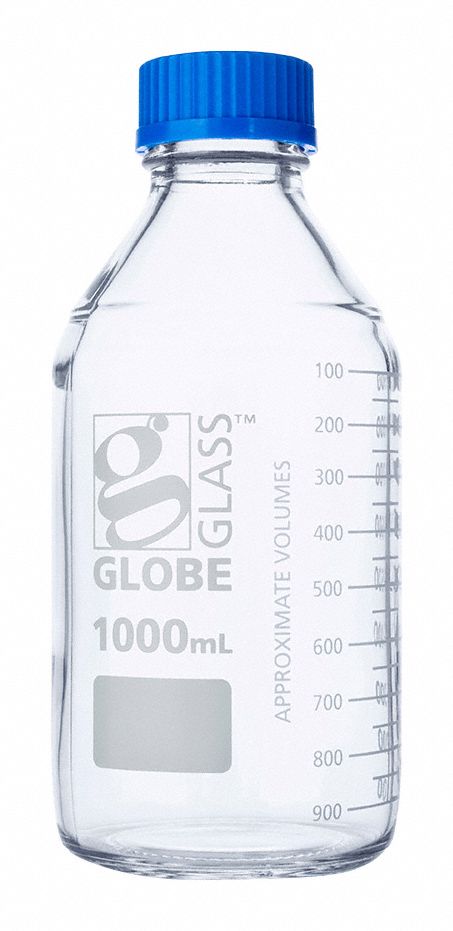 Media Bottle: Borosilicate Glass, 1 L Capacity - mL, 33.81 fl oz Capacity - oz, 101 mm Body Dia