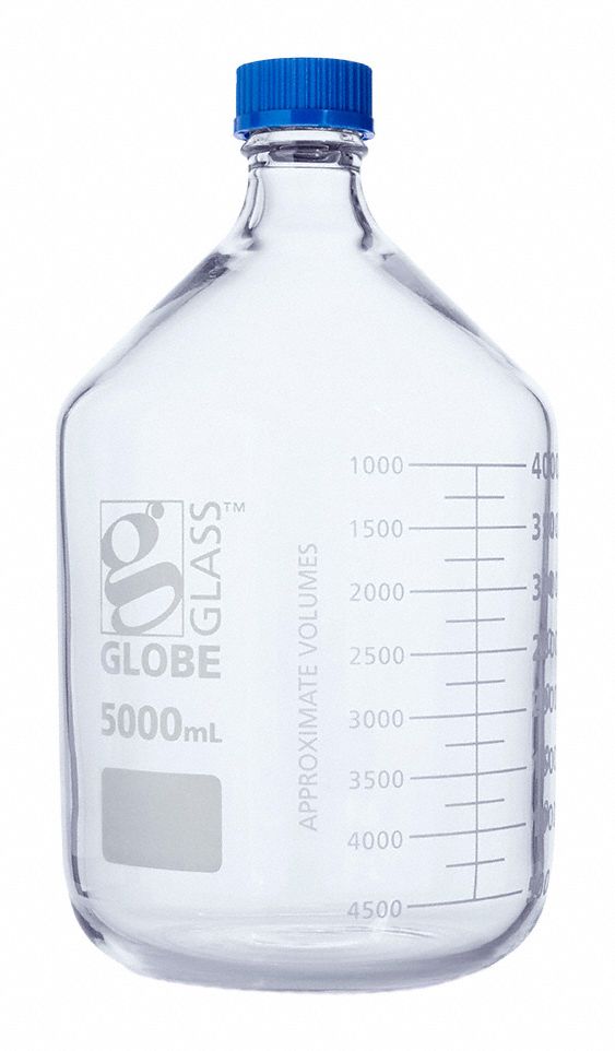 Media Bottle: Borosilicate Glass, 5 L Capacity - mL, 1.32 gal Capacity - oz, 186 mm Body Dia, Type I