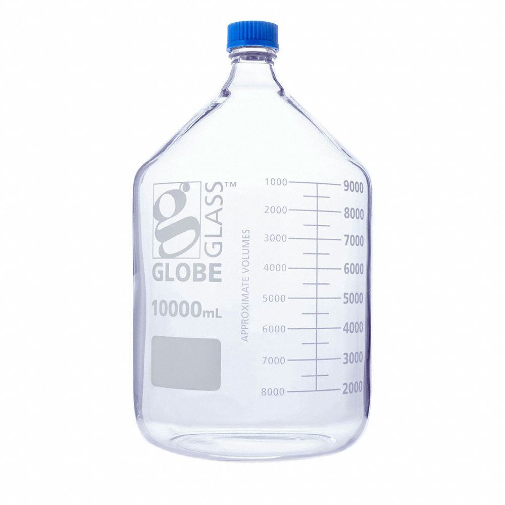 Media Bottle: Borosilicate Glass, 10 L Capacity - mL, 2.64 gal Capacity - oz, 238 mm Body Dia, Media